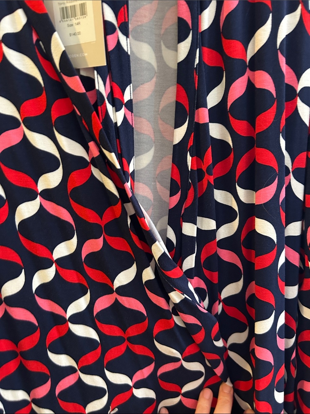 Boden Navy Dress with Pink, Red & White Wave Print - Picture 2 of 4